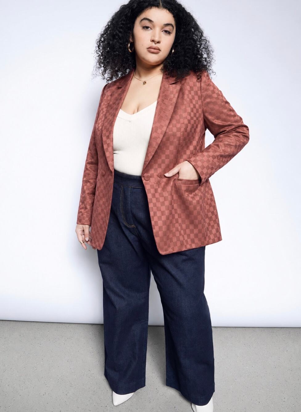 Wildfang The Empower Double Breasted Blazer in Red Checked Jacquard Size XS
